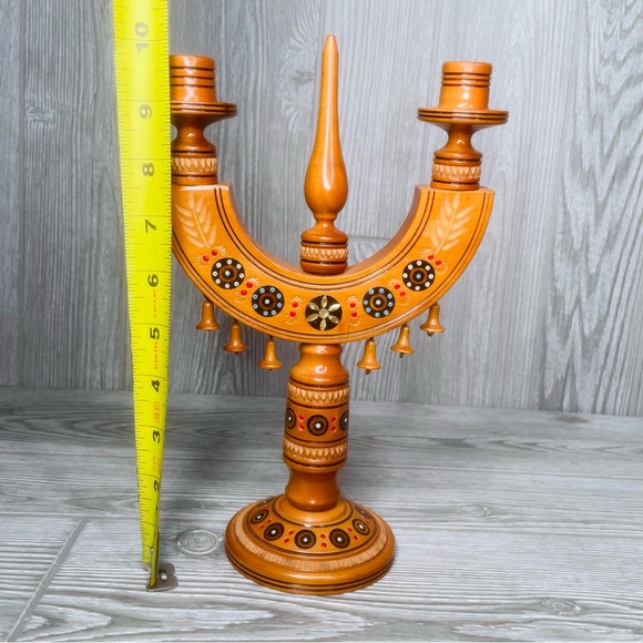 Rare Vintage wooden Boho Hand Painted Candelabra beaded & brass inlay decoration - Picture 3 of 8